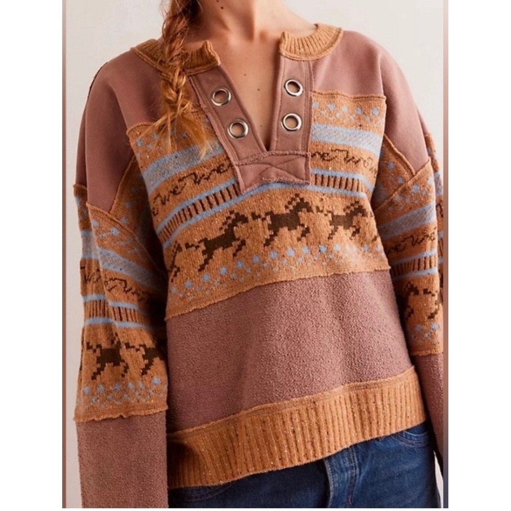 We The Free People Running Wild Pullover Horse Graphic Printed Sweater Size M